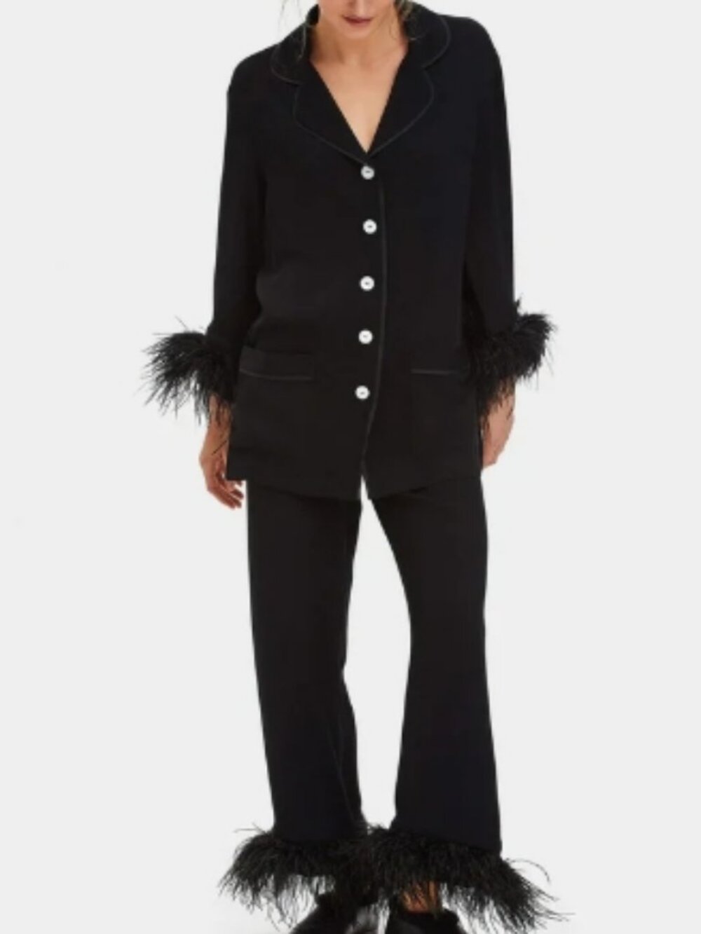 SLEEPER Black Party Pajama Set with Detachable Feather Cuffs Lounge Set